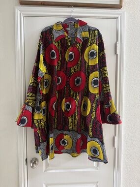 Vibrant African Print Tunic Top in Red & Yellow
